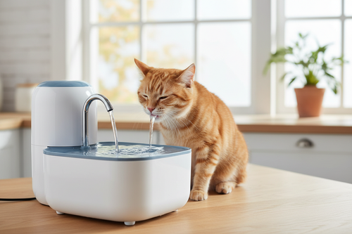 Automatic pet water fountain with a cat drinking fresh flowing water