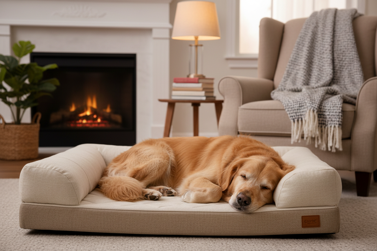Golden retriever sleeping peacefully on a luxurious orthopedic memory foam pet bed
